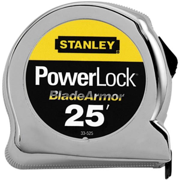Stanley Tape Measure, 25 ft L Blade, 1 in W Blade, Steel Blade, ABS Case, Chrome Case 33-525
